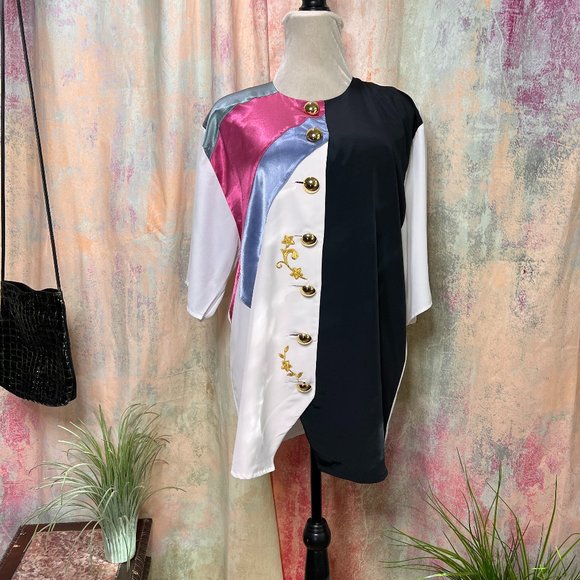 VTG📌 Ronnetta Stunning 90s Bold Color Blocks Big Button Down Blouse - Picture 1 of 16